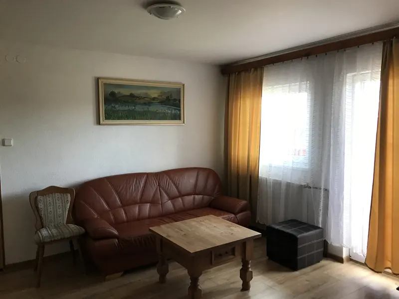 Obývací pokoj apartmánu s koženou pohovkou a stolkem